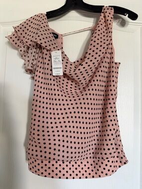 Bebe Pink Polka Dot One-Shoulder Ruffle Camisole.